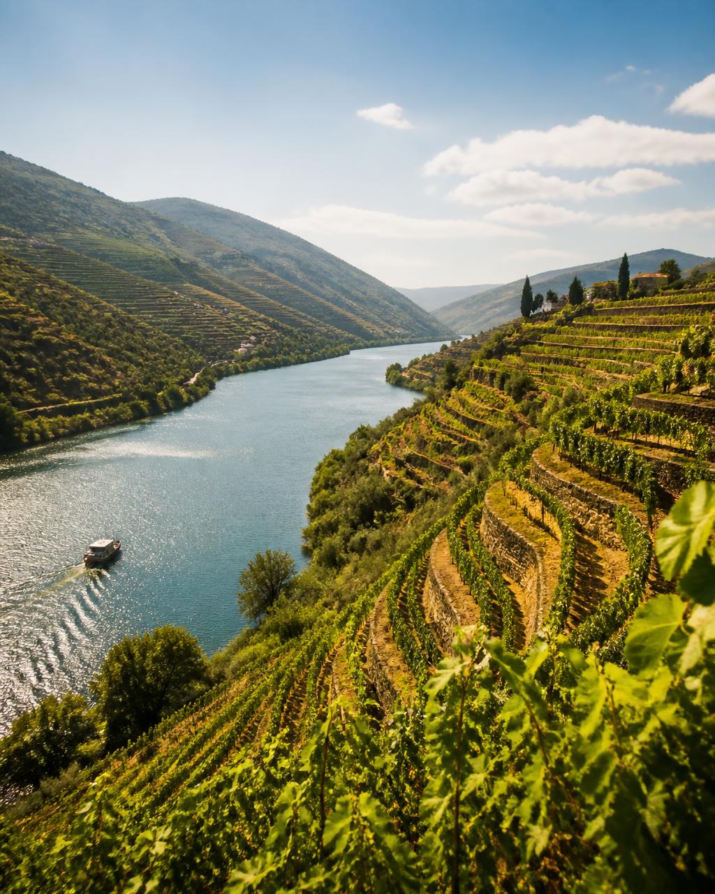 Viajantes num miradouro sobre os vinhedos do Douro