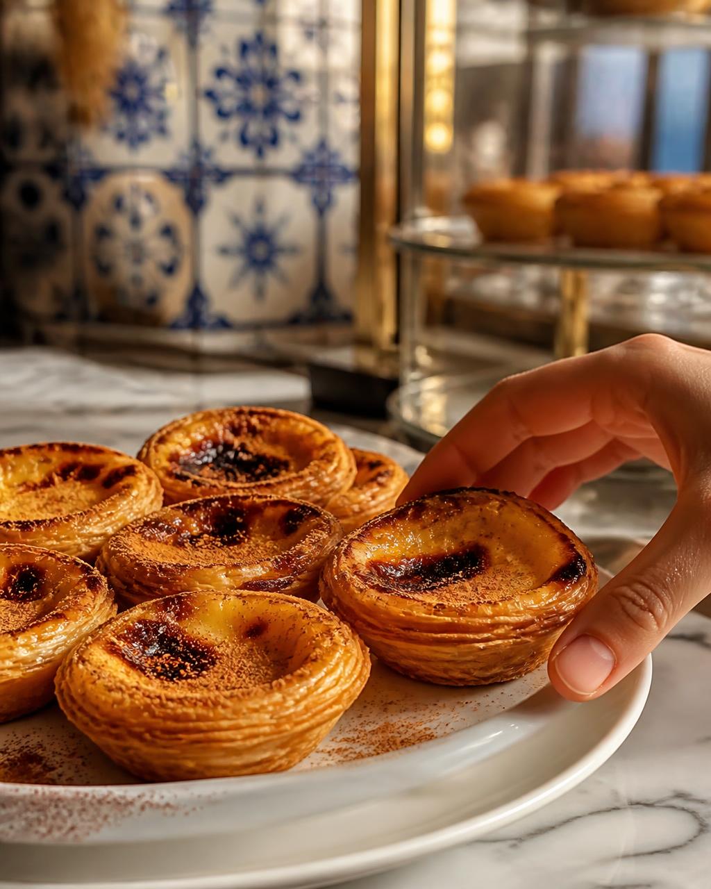 Mesa de esplanada com pastéis de nata e café em Lisboa