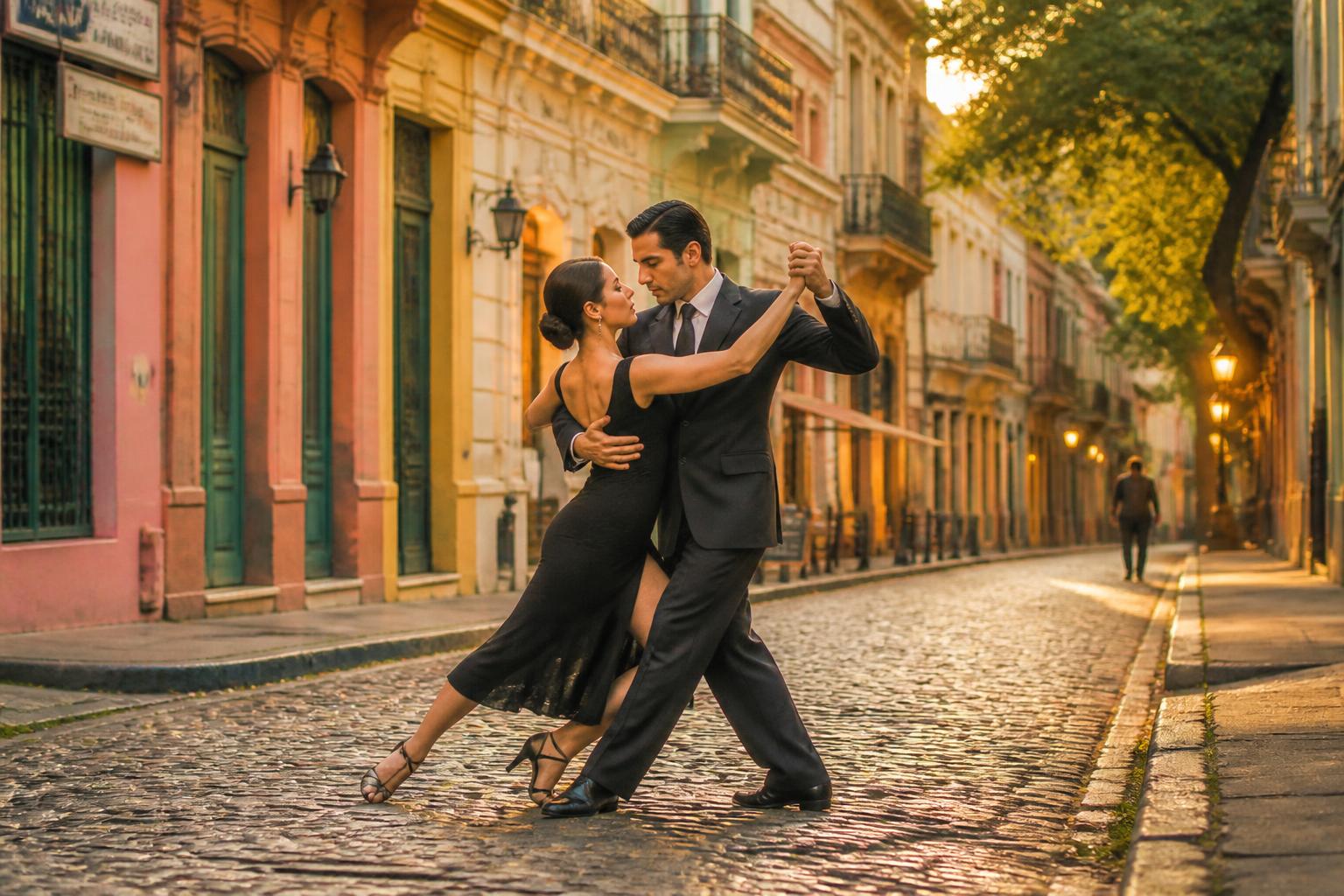 Casal dançando tango na rua em Buenos Aires