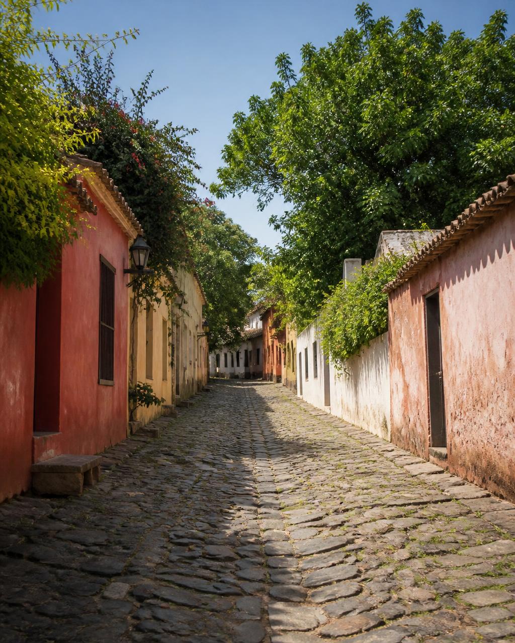 Rua colonial de Colonia del Sacramento com viajantes